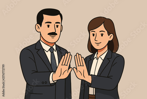 Confident professional business partners of man and woman holding hands up in stop or high five gesture together.