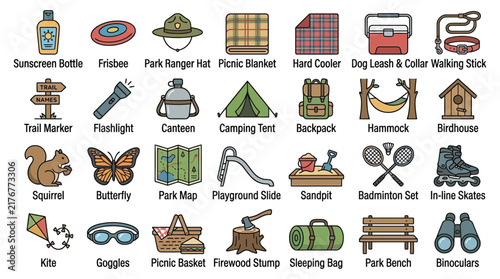 Canvastavla Collection of outdoor recreation items in a flat vector illustration style