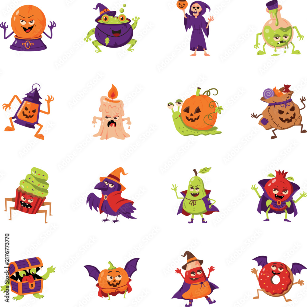 Obraz premium Halloween fantasy characters featuring crystal balls, potions, reapers, lanterns, creepy desserts, magical animals, fruit monsters, haunted objects.