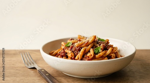 Freshly prepared bowl of pasta al sugo with rich tomato meat sauce, sprinkled with parmesan cheese and garnished with basil leaves on a rustic wooden table.