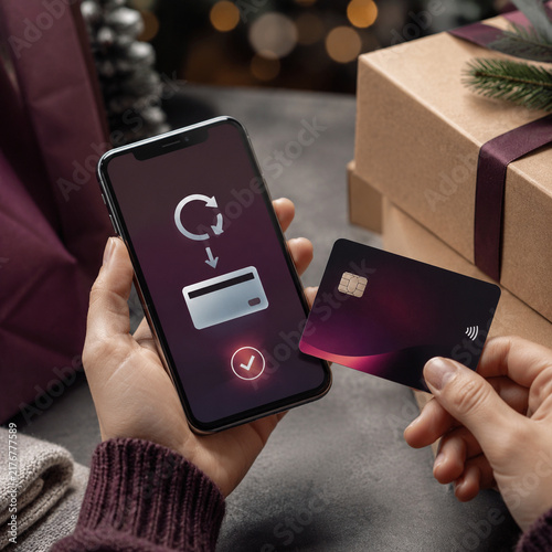 Woman holding smartphone and credit card with online payment app  