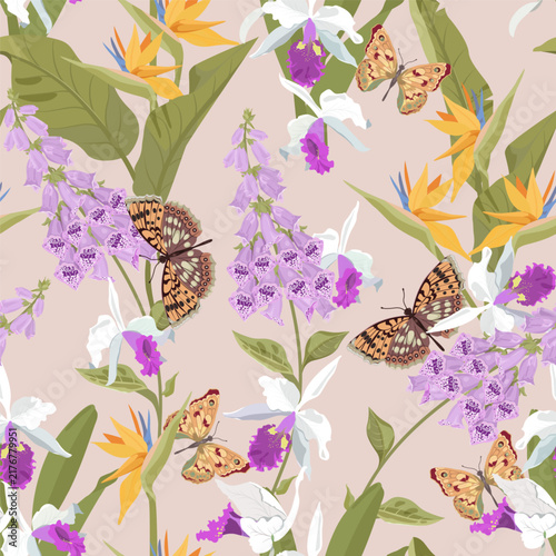 Delicate orchids, digitalis, strelitzia and butterflies are showcased in this seamless vector illustration. This design would be perfect for decorating textiles, packaging, or wallpaper.