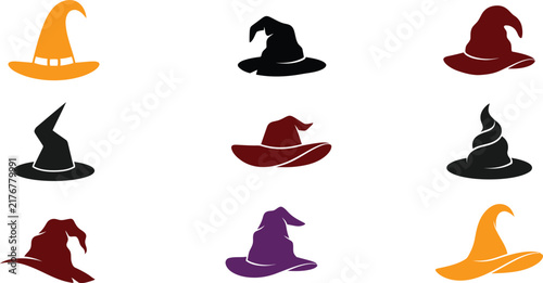Collection of various witch hat icons and silhouettes for halloween design elements on a white background