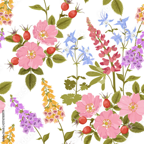 Tender rose hip, digitalis, and lupine against a white backdrop create a stunning vector illustration that would be perfect for decorating textiles or packaging.