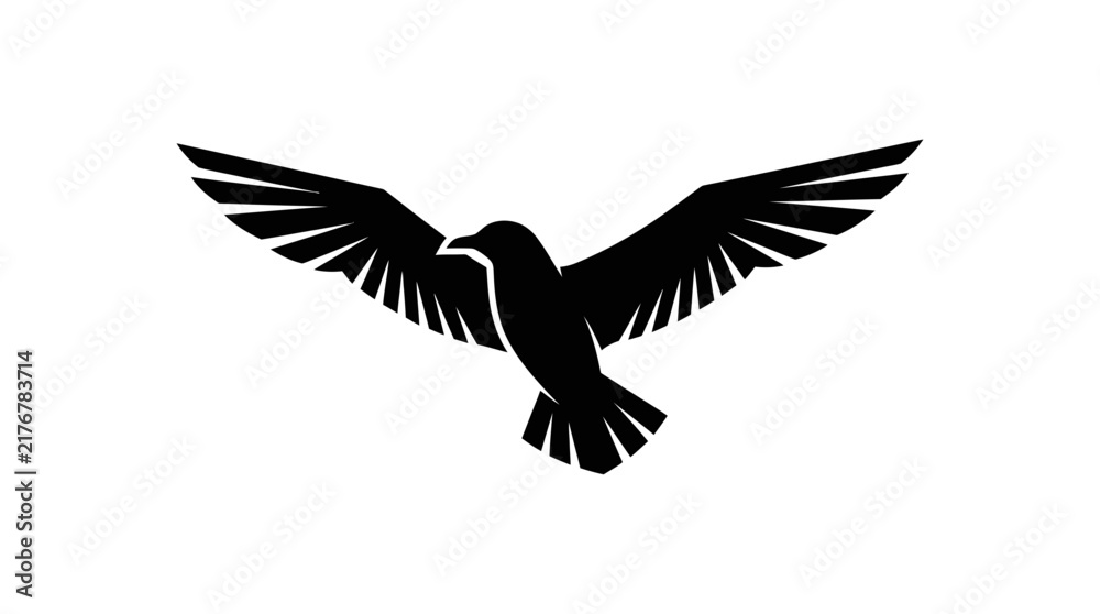 Obraz premium Minimalist black bird silhouette flying with wide spread wings on white background