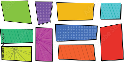 A collection of colorful hand drawn rectangular speech bubbles and frames with various artistic textures isolated on a plain white background for
