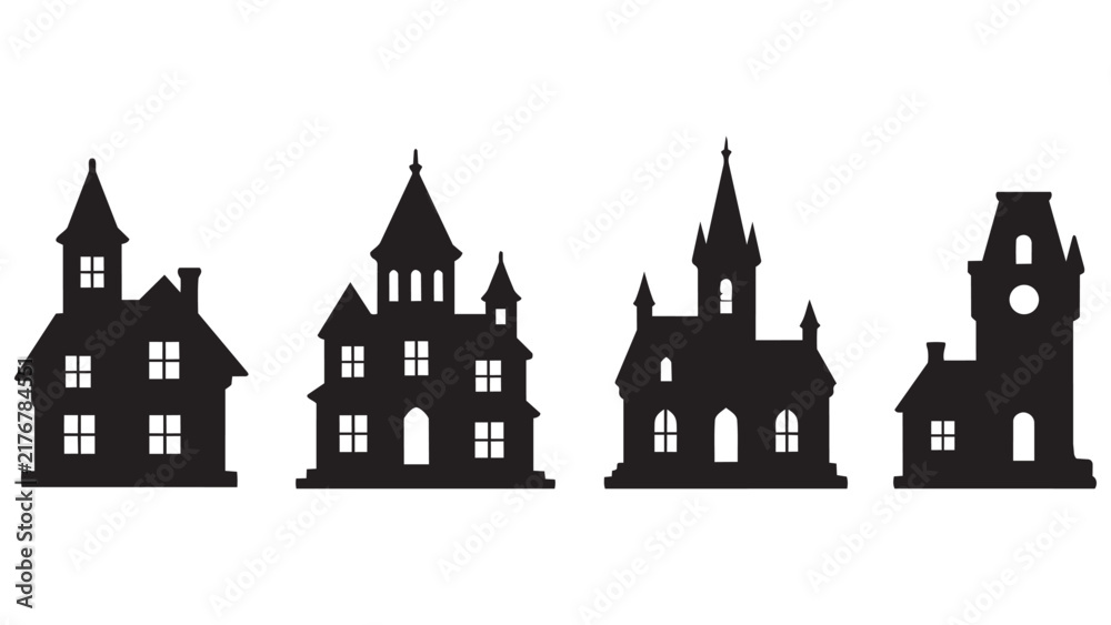 Fototapeta premium Four black silhouette haunted houses with different architectural styles