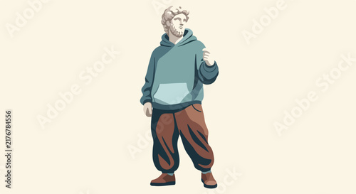 Ancient statue wearing modern casual clothing stands outdoors