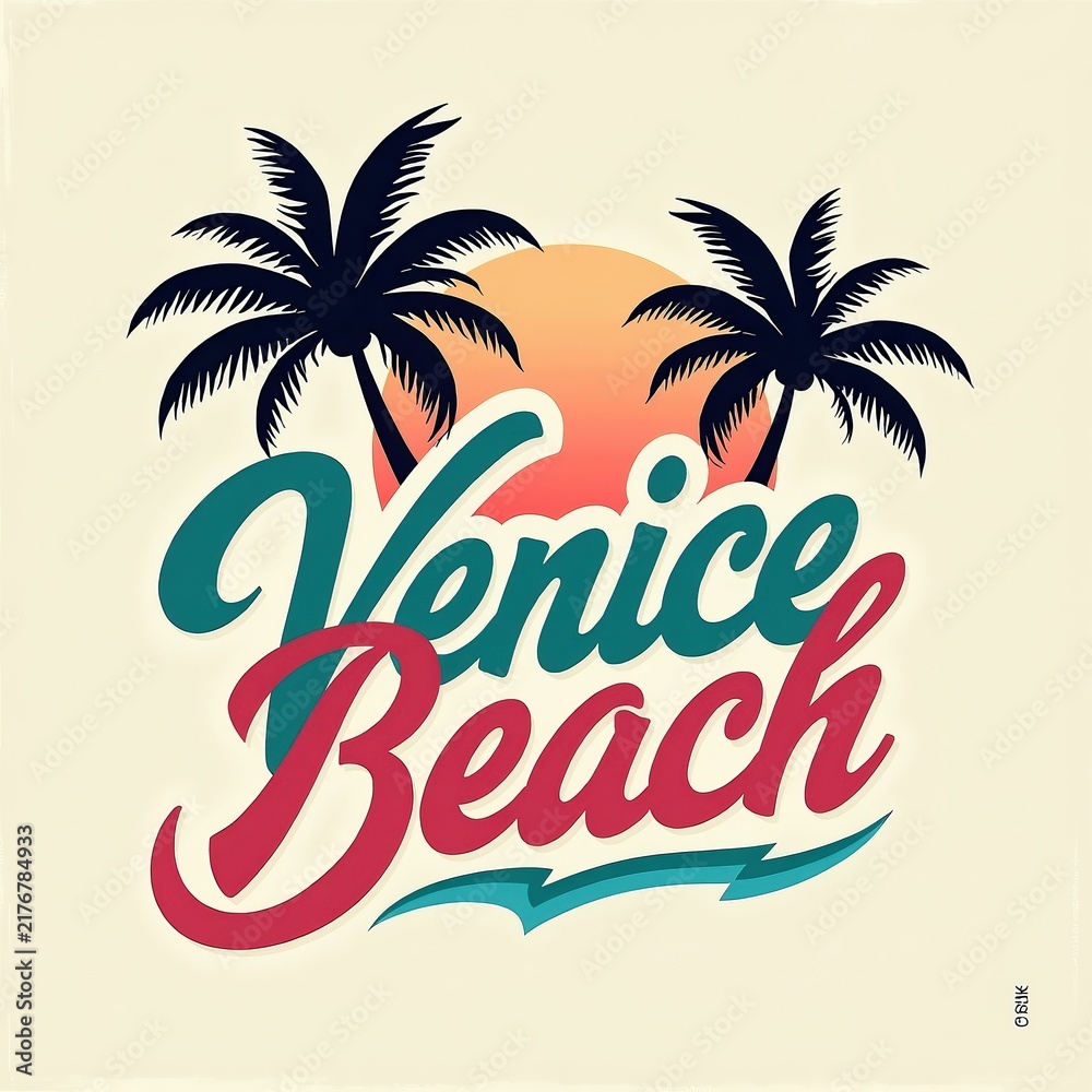 Fototapeta premium Vintage Style Illustration of Palm Trees and Sun with Venice Beach Text