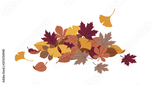 Pile of Colorful Autumn Leaves Including Maple and Ginkgo in Flat Vector Design