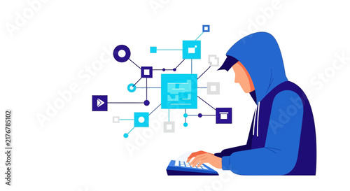 Hacker or Software Developer in Blue Hoodie Working on Computer with Digital Network Background, Cyber Security and Coding Illustration