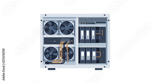 Internal View of Modern Server Chassis Vector Illustration - Data Center Hardware and Networking Infrastructure
