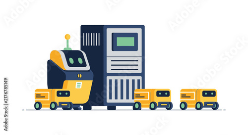Flat Vector Illustration of Warehouse Automation Robots and Central Server Terminal for Smart Logistics and Industry 4.0 Concepts