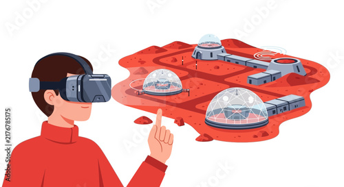 Man Using Virtual Reality Headset to Explore a Futuristic Mars Colony Simulation Illustration