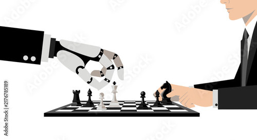 AI vs Human: Businessman Playing Chess with Robot Arm Illustration - Concept of Strategy, Automation, and Artificial Intelligence in Business