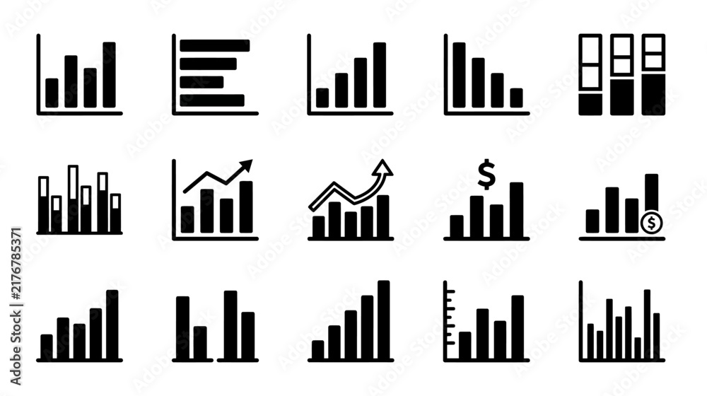 Obraz premium A collection of various black and white business icons featuring a bar graph and financial data charts