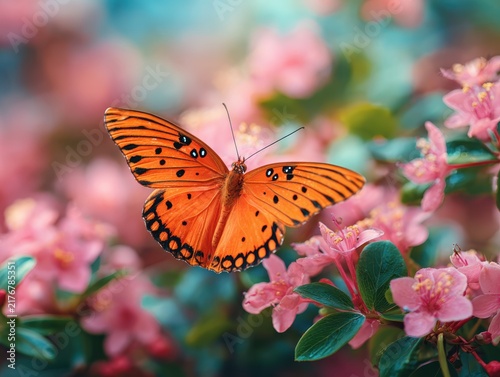 Vibrant Butterfly on Pink Blossoms: A stunning orange butterfly with intricate black patterns alights gently on a branch adorned with delicate pink flowers.