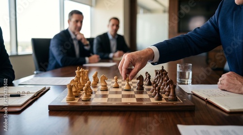 Strategic Moves: Three businessmen in suits play chess during a meeting, one making a decisive move, embodying strategy, focus, and decision-making in a corporate setting.