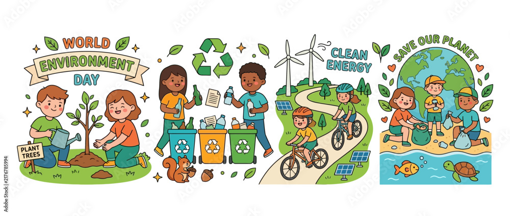 Fototapeta premium Children Illustrate World Environment Day: Planting, Recycling, Clean Energy, Saving Planet