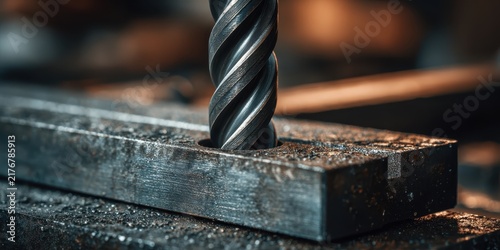 Drilling Metal: A close-up shot captures a sharp drill bit precisely creating a hole in a rugged metal bar, showcasing the intricate process of industrial fabrication.
