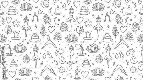 Yoga and Wellness Seamless Doodle Pattern with Meditation Icons and Zen Symbols in Line Art Style
