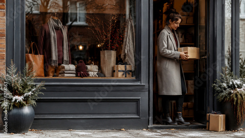 Young woman organizing items outside a boutique during winter  