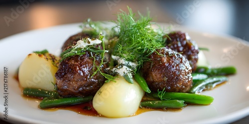 Delicious glazed meatballs served with boiled potatoes green beans and fresh dill on a white plate