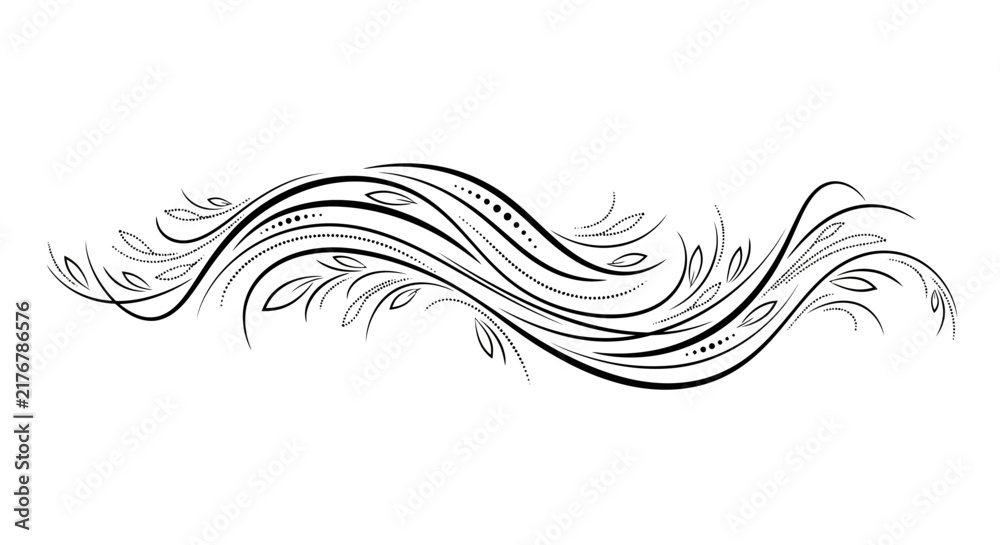 Fototapeta premium Clean Black and White Swirling Ornamental Vine Design with Dotted and Leaf Patterns Abstract Decorative Art