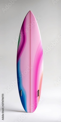 Sleek surfboard stands out against neutral studio background, stylish, clean