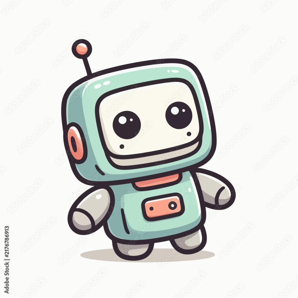 Naklejka premium A cute, cartoonish, light blue robot with big black eyes and a small antenna.