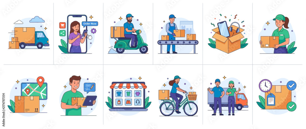 Naklejka premium Delivery Service Icons: Logistics, E-commerce, Shipping, and Courier Collection