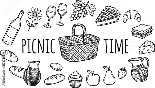 Picnic time vector set hamper basket wine bottle food fruit line art black isolated white background layout design.eps