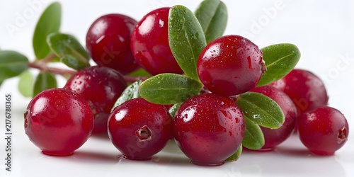 Fresh red cranberries with green leaves are displayed on a clean white surface.