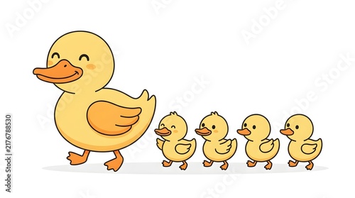 Mother duck with four ducklings walking in a row