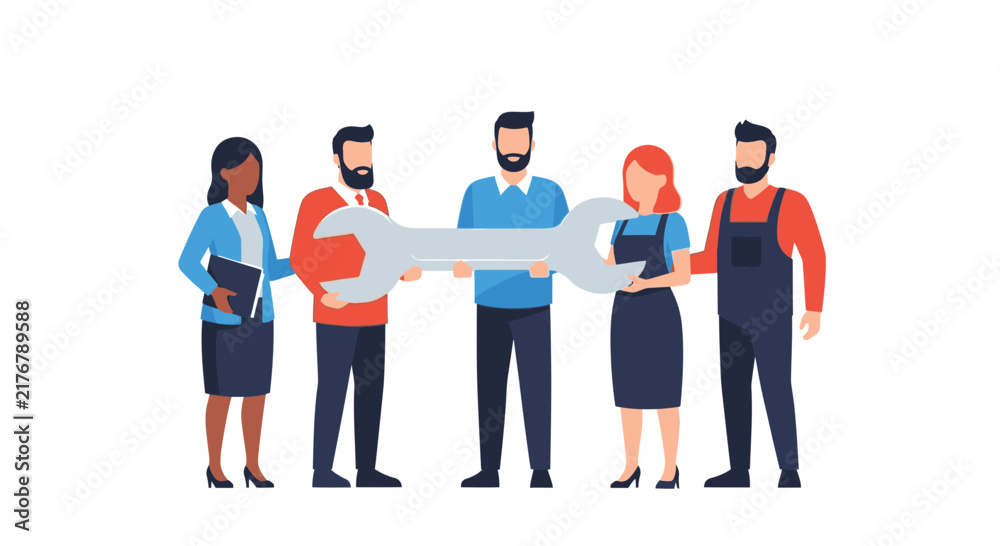 Fototapeta premium Diverse Professional Team Holding a Giant Wrench for Teamwork, Problem Solving, and Technical Support Concept