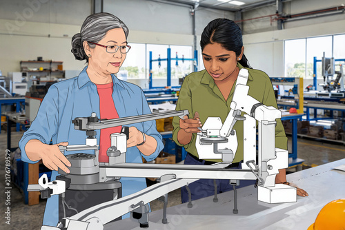 Obraz na płótnie Engineers Collaborating on Industrial Robotic Arm Assembly