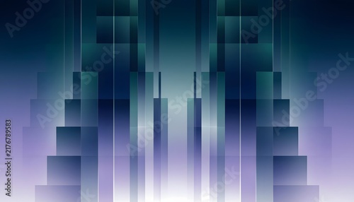 Abstract futuristic architectural structure and digital city lights. Cyberpunk neon grid and glowing tech background. Minimalist geometric towers with vertical light beams and dark gradient