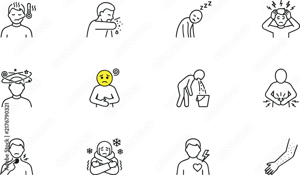 Obraz premium Sickness and Illness Symptoms Icon Set with Fever, Fatigue, Nausea, Dizziness, and Sore Throat Vector