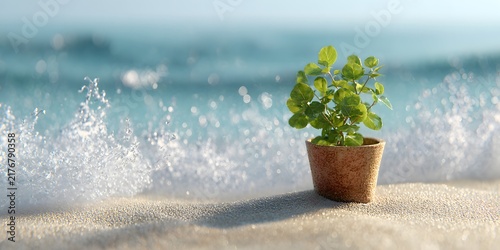 Small green plant growing in a clay pot on sandy beach against splashing ocean waves