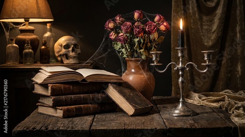 Still Life Arrangement With Antique Books, Skull, Dried Roses, and Lit Candle