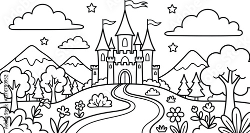 Enchanting castle coloring page a majestic landscape with towers mountains and a winding path for creative expression and relaxation