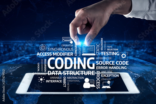 Konstfotografi Captivating illustration of a hand interacting with coding concepts and data structures displayed on a tablet, emphasizing modern programming and technology