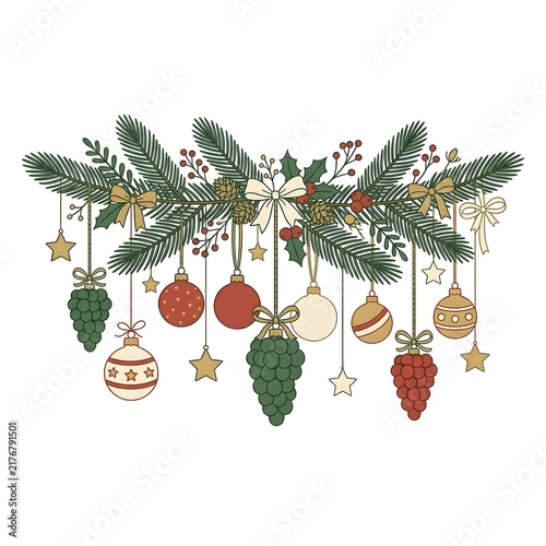 Christmas evergreen garland with ornaments, pine branches, stars, and hanging festive decorations