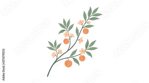 Curved botanical branch with green leaves and orange fruits in delicate watercolor style