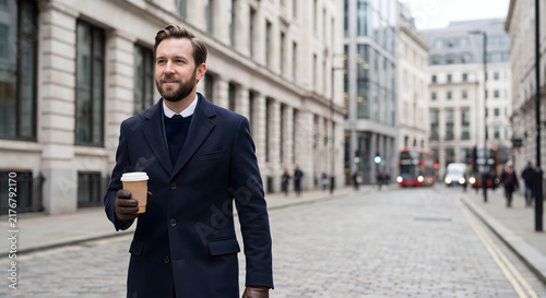 Businessman in navy wool coat walking with takeout coffee on a London street