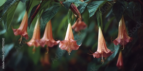 Elegant trumpetshaped flowers hang gracefully from lush green foliage in a softly lit garden setting