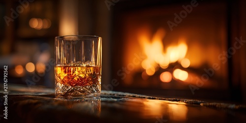 Amber whiskey rests in a faceted glass tumbler on a dark wooden table with a burning fireplace glowing softly in the blurred background