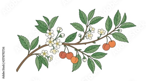 Botanical fruit branch with white blossoms, green foliage and orange berries