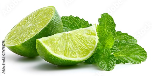 Fresh lime wedges with green mint leaves isolated on white background