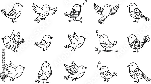 Photography Cute Hand Drawn Bird Doodle Icon Set Featuring Singing and Flying Little Birds f